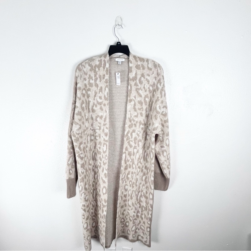 TOP SHOP Cream Tan Wool Blend Leopard Print Longline Open Front Cardigan 8/10
